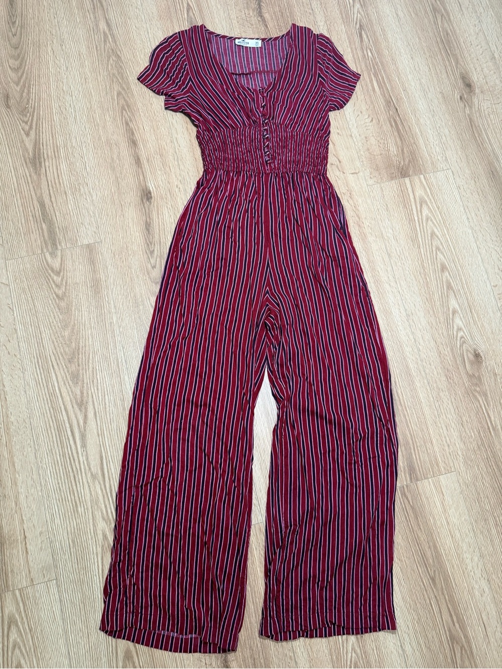 Hollister Striped Smocked Waist Wide Leg Jumpsuit Burgundy Red XS